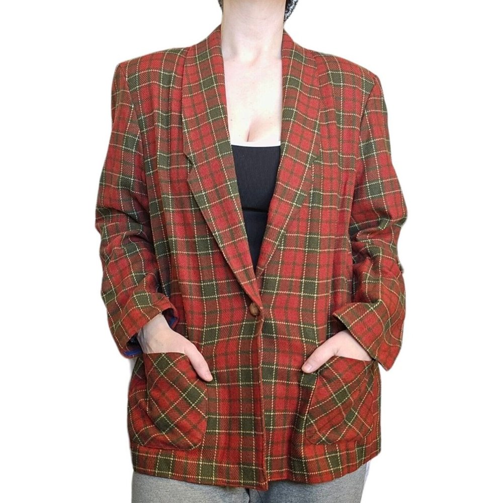 Vintage 70s Large Plaid Wool Blend Blazer Smoking Jacket‎ Rust Orange Green